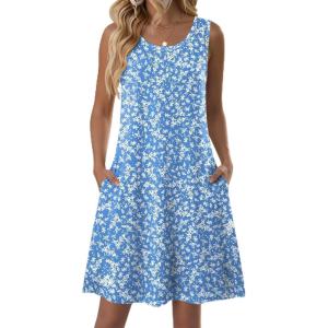 Zeagoo Summer Dresses for Women 2026 Sleeveless Casual Floral Tshirt Sundress with Pockets Loose Tank Beach Dress(02-blue Floral)