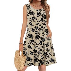 Zeagoo Summer Dresses for Women 2026 Sleeveless Casual Floral Tshirt Sundress with Pockets Loose Tank Beach Dress(Beige Black Print)