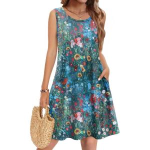 Zeagoo Summer Dresses for Women 2026 Sleeveless Casual Floral Tshirt Sundress with Pockets Loose Tank Beach Dress(Colorful)
