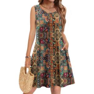 Zeagoo Summer Dresses for Women 2026 Sleeveless Casual Floral Tshirt Sundress with Pockets Loose Tank Beach Dress(Ethnic Print)