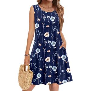 Zeagoo Summer Dresses for Women 2026 Sleeveless Casual Floral Tshirt Sundress with Pockets Loose Tank Beach Dress(Navy Print(bf318))