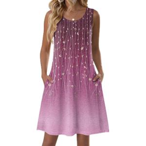 Zeagoo Summer Dresses for Women 2026 Sleeveless Casual Floral Tshirt Sundress with Pockets Loose Tank Beach Dress(Purple Print)