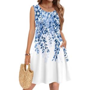 Zeagoo Summer Dresses for Women 2026 Sleeveless Casual Floral Tshirt Sundress with Pockets Loose Tank Beach Dress(White Leaf Print)