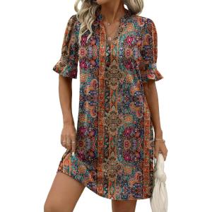 Zeagoo Summer Dresses for Women 2026 V Neck Ruffle Sleeve Casual Shift Dress Hawaiian Sundress Beach Vacation Clothes(Ethnic Style)