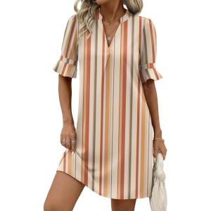 Zeagoo Summer Dresses for Women 2026 V Neck Ruffle Sleeve Casual Shift Dress Hawaiian Sundress Beach Vacation Clothes(Khaki Vertical Stripes)