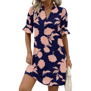 Zeagoo Summer Dresses for Women 2026 V Neck Ruffle Sleeve Casual Shift Dress Hawaiian Sundress Beach Vacation Clothes(Navy Blue – Pink Flowers)