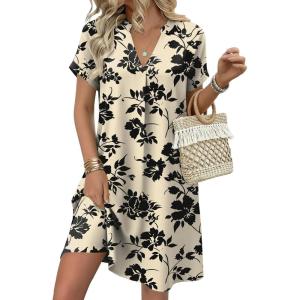 Zeagoo Summer Dresses for Women Short Sleeve Shift Dress V Neck Casual Mini Beach Vacation Boho Sundress with Pockets(Beige Floral)