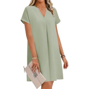 Zeagoo Summer Dresses for Women Short Sleeve Shift Dress V Neck Casual Mini Beach Vacation Boho Sundress with Pockets(Solid Green)