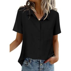 Zeagoo Women Blouses Short Sleeve Button Down Shirts Business Casual Dressy Work Tops Summer Spring Clothes(Black)
