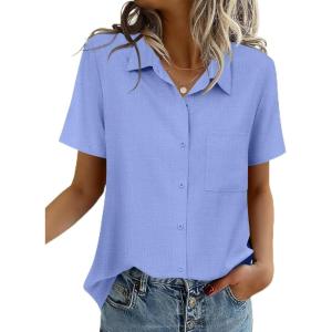 Zeagoo Women Blouses Short Sleeve Button Down Shirts Business Casual Dressy Work Tops Summer Spring Clothes(Dark Blue)