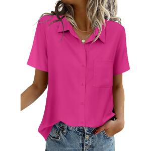 Zeagoo Women Blouses Short Sleeve Button Down Shirts Business Casual Dressy Work Tops Summer Spring Clothes(Hot Pink)