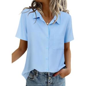 Zeagoo Women Blouses Short Sleeve Button Down Shirts Business Casual Dressy Work Tops Summer Spring Clothes(Light Blue)