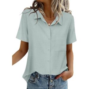 Zeagoo Women Blouses Short Sleeve Button Down Shirts Business Casual Dressy Work Tops Summer Spring Clothes(Light Green)