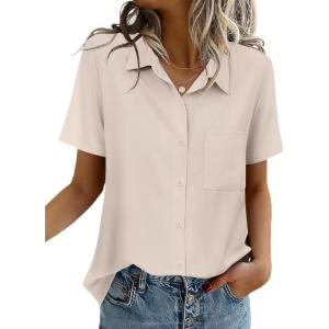 Zeagoo Women Blouses Short Sleeve Button Down Shirts Business Casual Dressy Work Tops Summer Spring Clothes(Light Khaki)