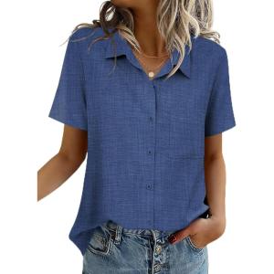 Zeagoo Women Blouses Short Sleeve Button Down Shirts Business Casual Dressy Work Tops Summer Spring Clothes(Navy Blue)