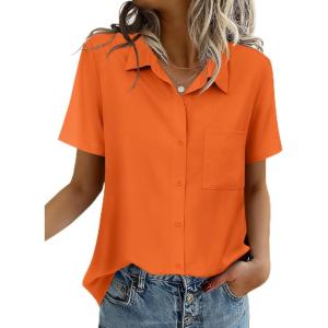 Zeagoo Women Blouses Short Sleeve Button Down Shirts Business Casual Dressy Work Tops Summer Spring Clothes(Orange)