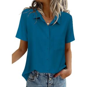Zeagoo Women Blouses Short Sleeve Button Down Shirts Business Casual Dressy Work Tops Summer Spring Clothes(Peacock Blue)
