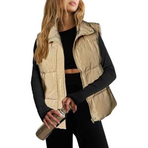 Zeagoo Women Puffer Vest Lightweight Stand Collar Sleeveless Winter Warm Zip Up Padded Outerwear Jackets with Pockets S-XXL(Khaki)