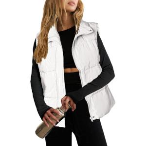 Zeagoo Women Puffer Vest Lightweight Stand Collar Sleeveless Winter Warm Zip Up Padded Outerwear Jackets with Pockets S-XXL(White)