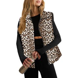 Zeagoo Women Puffer Vest Lightweight Stand Collar Sleeveless Winter Warm Zip Up Padded Outerwear Jackets with Pockets S-XXL(White Brown Black Leopard)