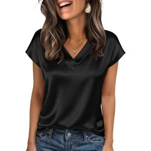 Zeagoo Women Silk Satin Tops Cap Short Sleeve Blouse V Neck Shirts Business Casual Outfits S-2XL(Black)