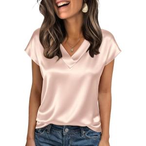 Zeagoo Women Silk Satin Tops Cap Short Sleeve Blouse V Neck Shirts Business Casual Outfits S-2XL(Champagne)
