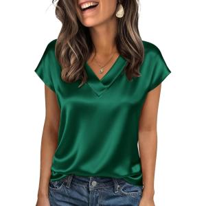 Zeagoo Women Silk Satin Tops Cap Short Sleeve Blouse V Neck Shirts Business Casual Outfits S-2XL(Green)