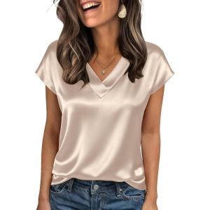 Zeagoo Women Silk Satin Tops Cap Short Sleeve Blouse V Neck Shirts Business Casual Outfits S-2XL(Light Grey)