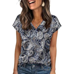 Zeagoo Women Silk Satin Tops Cap Short Sleeve Blouse V Neck Shirts Business Casual Outfits S-2XL(Mz473)