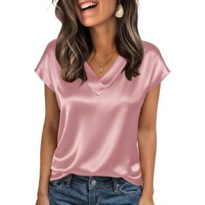 Zeagoo Women Silk Satin Tops Cap Short Sleeve Blouse V Neck Shirts Business Casual Outfits S-2XL(Pink)