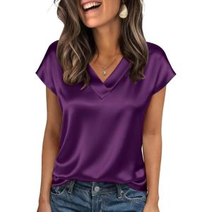 Zeagoo Women Silk Satin Tops Cap Short Sleeve Blouse V Neck Shirts Business Casual Outfits S-2XL(Purple)