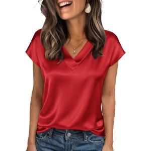 Zeagoo Women Silk Satin Tops Cap Short Sleeve Blouse V Neck Shirts Business Casual Outfits S-2XL(Red)