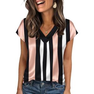 Zeagoo Women Silk Satin Tops Cap Short Sleeve Blouse V Neck Shirts Business Casual Outfits S-2XL(Tz291)