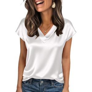 Zeagoo Women Silk Satin Tops Cap Short Sleeve Blouse V Neck Shirts Business Casual Outfits S-2XL(White)