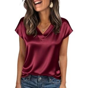 Zeagoo Women Silk Satin Tops Cap Short Sleeve Blouse V Neck Shirts Business Casual Outfits S-2XL(Wine Red)