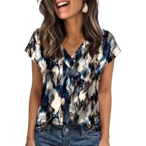 Zeagoo Women Silk Satin Tops Cap Short Sleeve Blouse V Neck Shirts Business Casual Outfits S-2XL(Zr220)