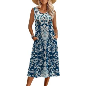 Zeagoo Women Summer Midi Dress 2026 Sleeveless Casual Beach Sundress Button Down Loose Spring Tank Dresses with Pockets(Ethnic Navy Blue)