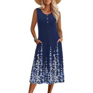 Zeagoo Women Summer Midi Dress 2026 Sleeveless Casual Beach Sundress Button Down Loose Spring Tank Dresses with Pockets(Floral Blue)