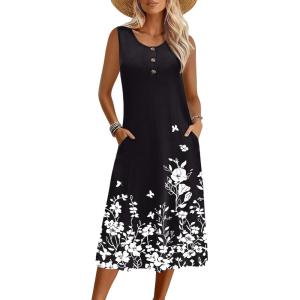 Zeagoo Women Summer Midi Dress 2026 Sleeveless Casual Beach Sundress Button Down Loose Spring Tank Dresses with Pockets(Flowers-black)