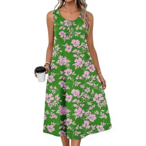 Zeagoo Women Summer Midi Dress 2026 Sleeveless Casual Beach Sundress Button Down Loose Spring Tank Dresses with Pockets(Green Pink)