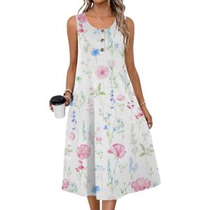 Zeagoo Women Summer Midi Dress 2026 Sleeveless Casual Beach Sundress Button Down Loose Spring Tank Dresses with Pockets(Pink Flowers)