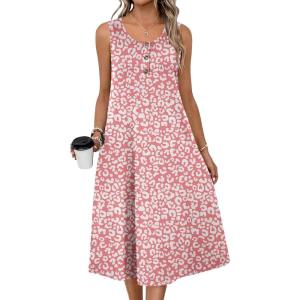 Zeagoo Women Summer Midi Dress 2026 Sleeveless Casual Beach Sundress Button Down Loose Spring Tank Dresses with Pockets(Pink White)