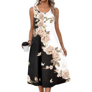 Zeagoo Women Summer Midi Dress 2026 Sleeveless Casual Beach Sundress Button Down Loose Spring Tank Dresses with Pockets(Rose)