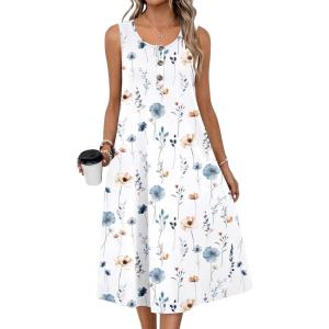 Zeagoo Women Summer Midi Dress 2026 Sleeveless Casual Beach Sundress Button Down Loose Spring Tank Dresses with Pockets(White Blue)