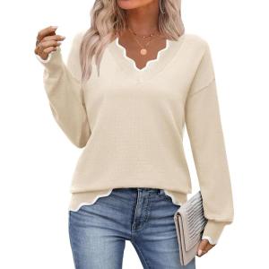 Zeagoo Women’s 2026 Fall V Neck Sweater Casual Long Sleeve Lightweight Ribbed Knit Pullover Sweaters Dressy Casual Tops(Apricot)