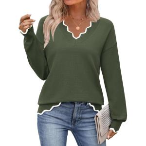 Zeagoo Women’s 2026 Fall V Neck Sweater Casual Long Sleeve Lightweight Ribbed Knit Pullover Sweaters Dressy Casual Tops(Army Green)