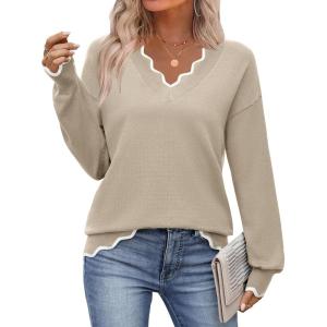 Zeagoo Women’s 2026 Fall V Neck Sweater Casual Long Sleeve Lightweight Ribbed Knit Pullover Sweaters Dressy Casual Tops(Beige)