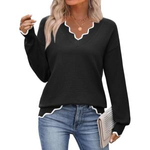Zeagoo Women’s 2026 Fall V Neck Sweater Casual Long Sleeve Lightweight Ribbed Knit Pullover Sweaters Dressy Casual Tops(Black)