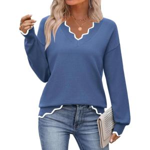 Zeagoo Women’s 2026 Fall V Neck Sweater Casual Long Sleeve Lightweight Ribbed Knit Pullover Sweaters Dressy Casual Tops(Blue)