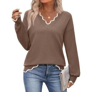 Zeagoo Women’s 2026 Fall V Neck Sweater Casual Long Sleeve Lightweight Ribbed Knit Pullover Sweaters Dressy Casual Tops(Brown)